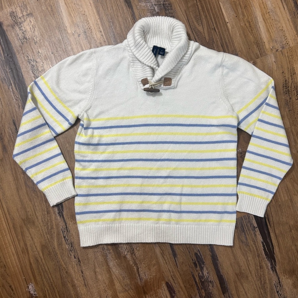 Janie and Jack Cream Shawl-Collar Sweater with Yellow & Light Blue Stripes